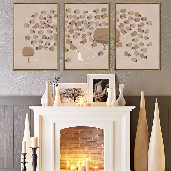 IARTTOP Large Jesus Framed Canvas Wall Art 16x24 Inch Jesus Leaves the 99 Sheep Art Prints Set of 3 God Christian Bible Wall Decor for Living Room Bedroom Church