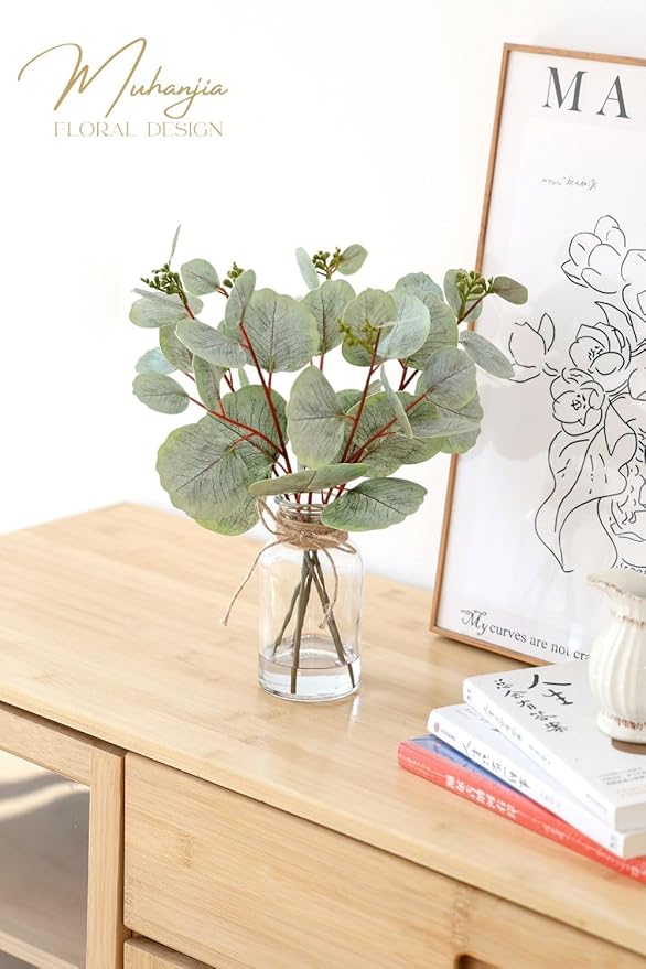 Artificial Eucalyptus Stems in Glass Vase with Faux Water,5Pcs Fake Plant with Double-Sided Leaves and Green Seeds for Centerpiece (Double-Sided Green Eucalyptus with Seed)