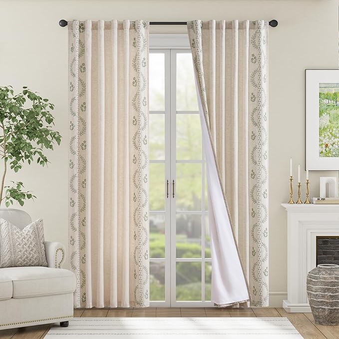 jinchan Belrose Lined Linen Blend Curtains Floral Curtains for Bedroom 84 Inch Length Sage Green Embroidered Drapes Rod Pocket Farmhouse Flower Drapes for Living Room Window Treatments Set 2 Panels
