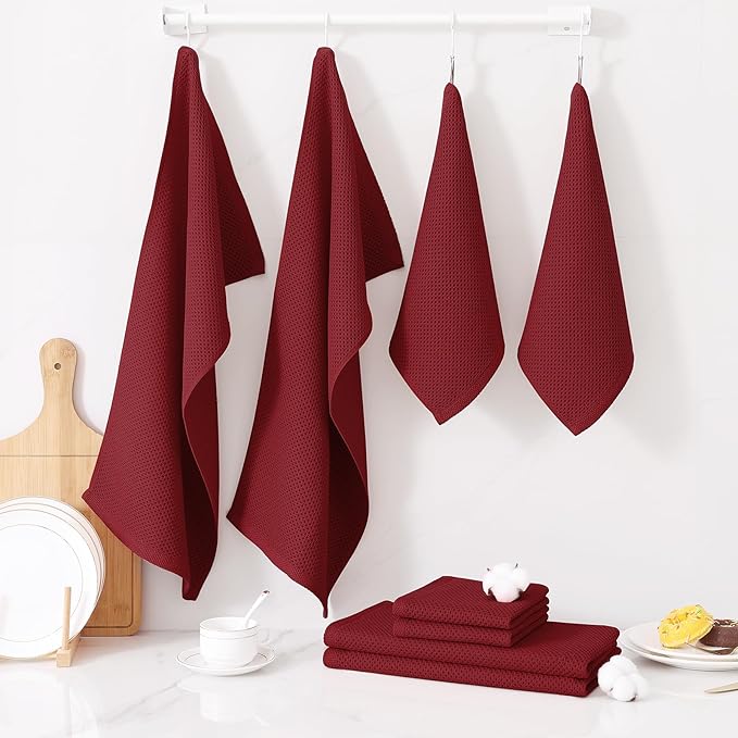 Homaxy 100% Cotton Kitchen Towels and Dishcloths Set, 12 x 12 Inches and 13 x 28 Inches, Set of 8 Bulk Kitchen Towels Set, Ultra Soft Absorbent Dish Cloths for Washing Dishes, Burgundy