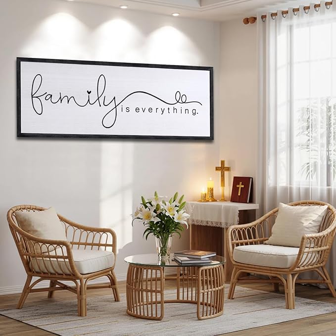 Foutcheou Family is Everything Wall Decor Sign 32"×12" for Family Living Room Large Wood Framed Wall Art Hanging Decoration (Black)