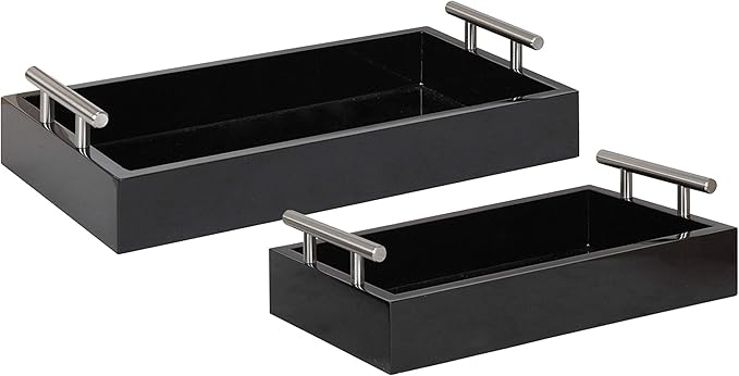 Kate and Laurel Lipton Modern Tray Set, Set of 2, Black and Silver, Glam Decorative Trays for Storage and Display