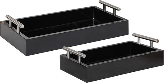 Kate and Laurel Lipton Modern Tray Set, Set of 2, Black and Silver, Glam Decorative Trays for Storage and Display