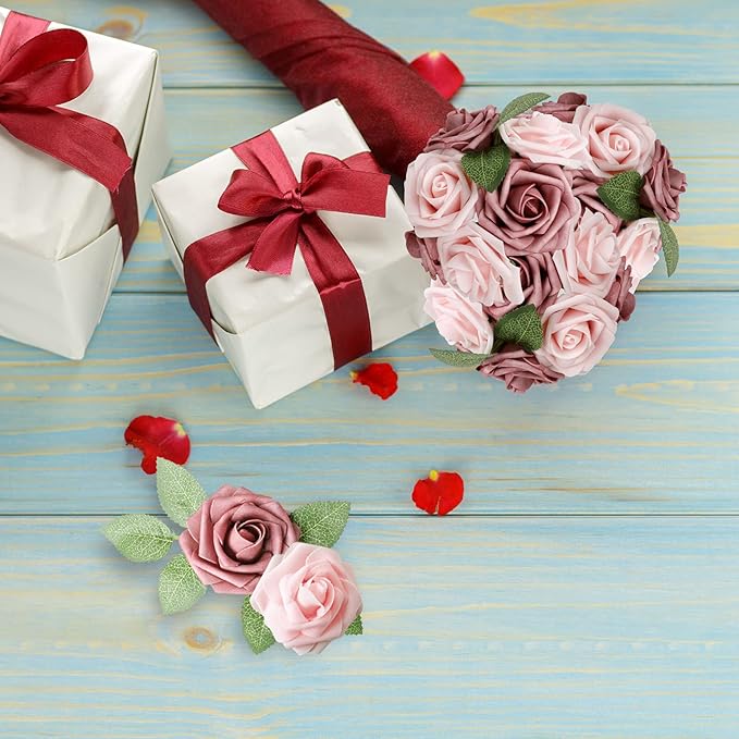 AmyHomie Artificial Flower Warm Taupe & Nude Rose 25pcs Real Looking Fake Roses w/Stem for DIY Wedding Bouquets Centerpieces Arrangements Party Baby Shower Home Decorations