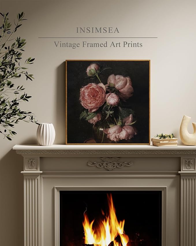 InSimSea Square Framed Canvas Wall Art, Large Decor Vintage Peony Flower Paintings, Floral Wall Pictures for Bedroom Bathroom Living Room, Canvas Prints Artwork, Farmhouse Decor 20"x20"
