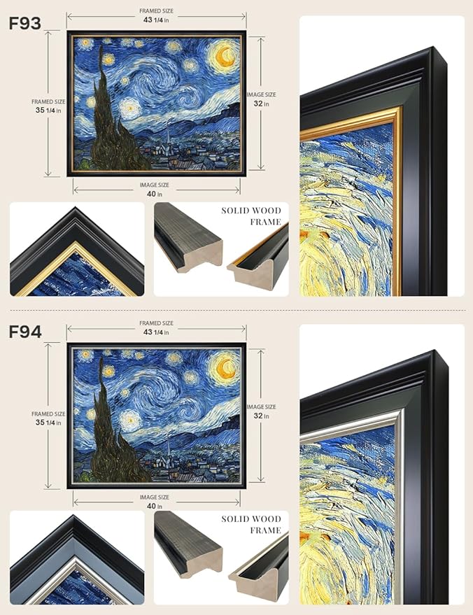 DECORARTS - Starry Night by Vincent Van Gogh Art Reproduction. Oversize Solid Wooden Frame Matching with Giclee Prints Canvas Wall Art. Total framed size: 43x35