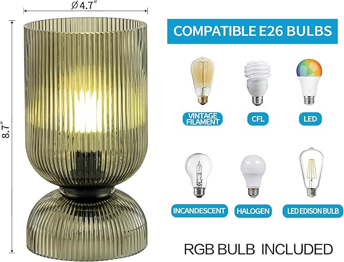 Modern RGB Glass Table Lamp with Remote，Color Changing Bedside Lamp with Green Glass Shade, 16 Colors, On/Off Cord Switch, Nightstand Lamp for Bedroom, Living Room, Office,Bulb Included