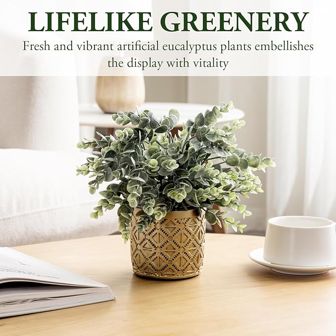 MyGift Artificial Eucalyptus Plant in Modern Gray Concrete Pots with Geometric Embossed Pattern (1, Gold)