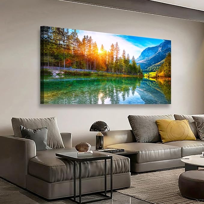 Scenery Canvas Wall Art for Living room Office Bedroom Sunshine Forest Landscape Wall Art Green Nature Pictures Art Print Paintings Modern Mountain Lake Wall Decor Artwork Waterproof -20 * 40inch