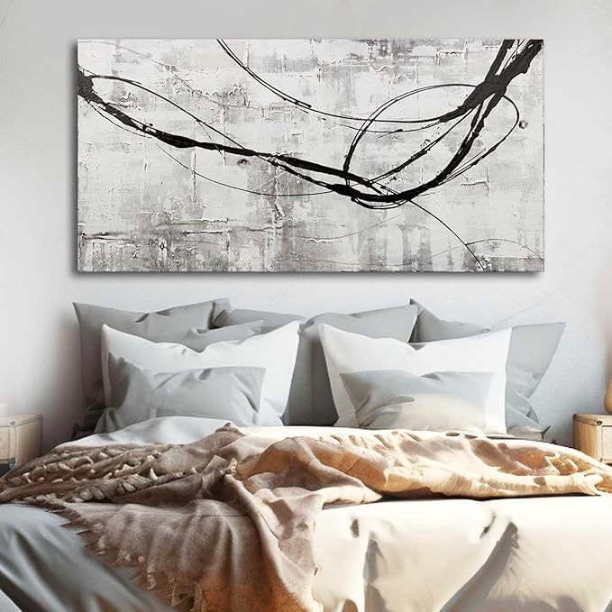 XIANSHOU Maximalist Decor Black and White Wall Decor Grey Modern Wall Art Pictures for Office Wall Decorations 24"x 48" Big Painting Artwork Bedroom Living Room Hotel