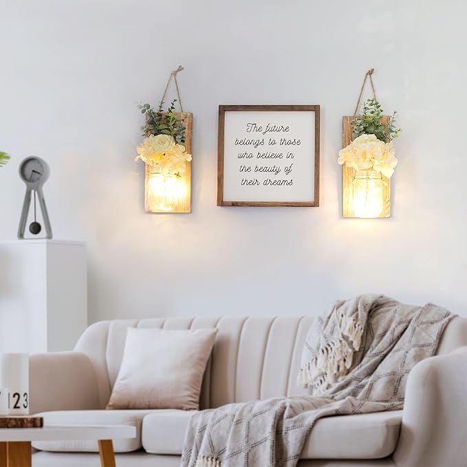 Besuerte Wall Sconces Set of 2 with Remote, Farmhouse Wood Wall Art Decor for Home Living Room Bedroom Decorations with Rose Bouquet Flowers and LED Fairy Lights (Large Brown)