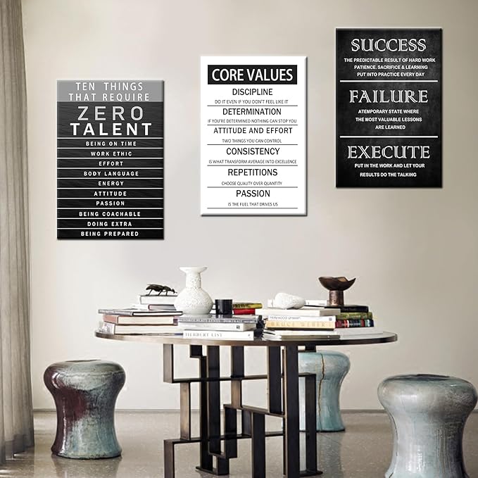 Zero Talent Poster Motivational Office Quotes Wall Art Core Values Inspirational Wall Decor Canvas Print 3 Panel Picture Artwork for Living Room Bedroom Home Decor Framed Ready to Hang [48''Wx 24''H]