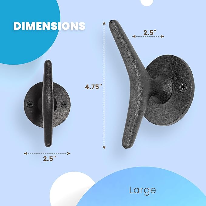 Claimed Corner Cast Iron Coat Hooks - Boat Cleat Nautical Marine Entryway Decor Multi-Purpose Hat Towel Hanging Hook - Durable & Rust-Resistant - Includes Mounting Hardware - 4 Pack (Large, Natural)