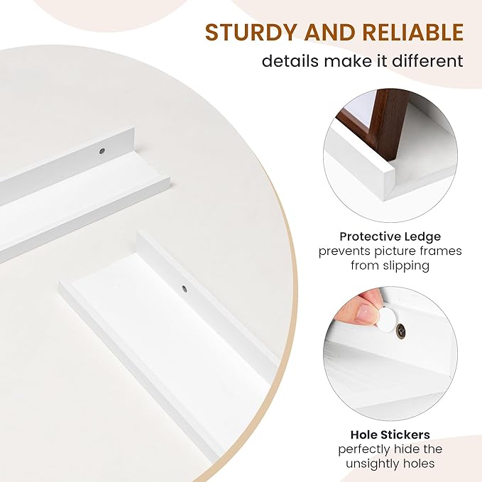 Axeman Picture Ledge Shelf, Floating Shelves for Wall Decor Storage Set of 6, 16 inch Floating Wall Mounted Shelves, Wall Shelves with Lip for Living Room, Bedroom, Nursery, Bathroom, Kitchen, White