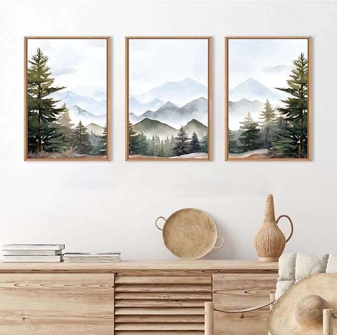KAIRNE Framed Mountain Canvas Wall Art Set, Misty Forest Wall Decor, Green Pine Tree Wall Painting, Nature Widerness Landscape Art Print for Living Room, Bedroom, Study, Gallery - 16"x24"x3