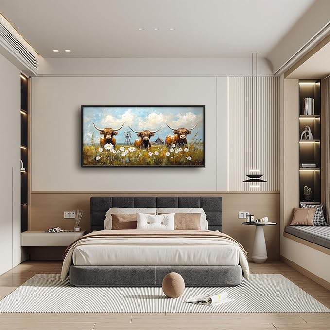 Flintis Large Highland Cow Barn Framed Wall Art Farmhouse Highland Cattle Daisy Pictures Wall Decor Abstract Canvas Painting Print Artworks Framed for Living Room Bathroom Master Bedroom 60L X 30W