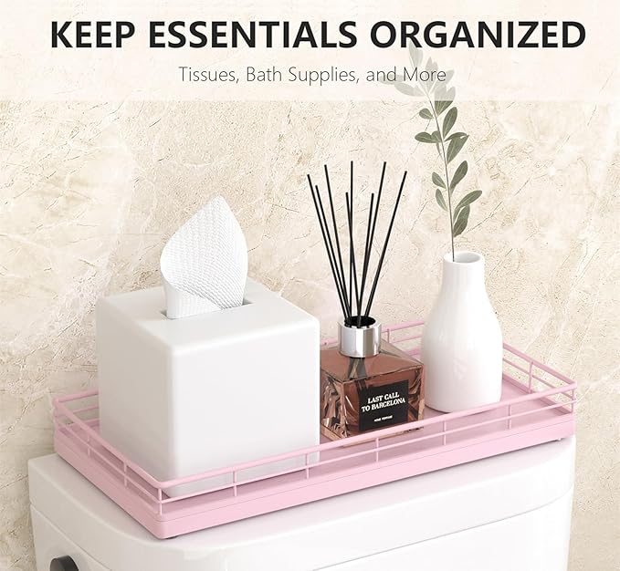 Toilet Tank Tray Organizer – Oak Wood Bathroom Counter Basket with Metal Frame, Back of Toilet or Tank Top Paper Holder Storage – Pink Modern Decor