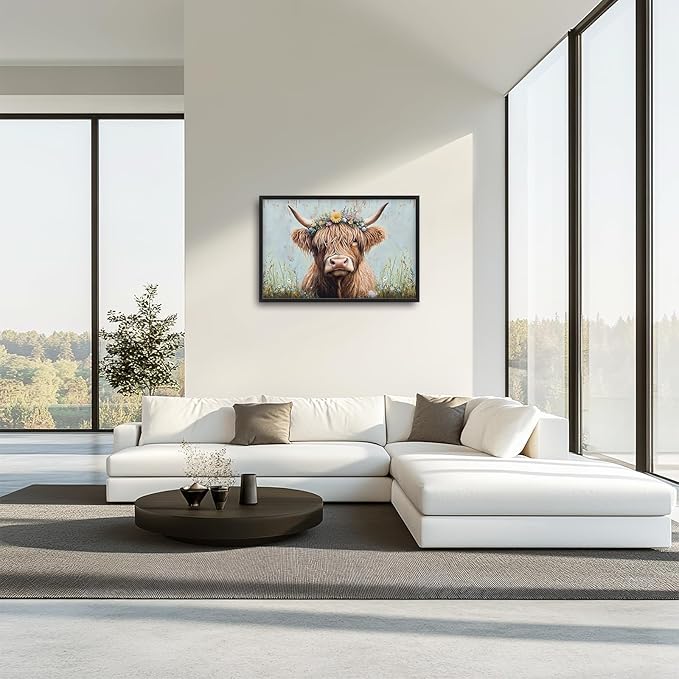 Highland Cow Framed Wall Art for Living Room, Large Cow Canvas Wall Decor, Animal Pictures Painting, Modern Artwork for Bathroom Bedroom Office 36L'' × 24W''