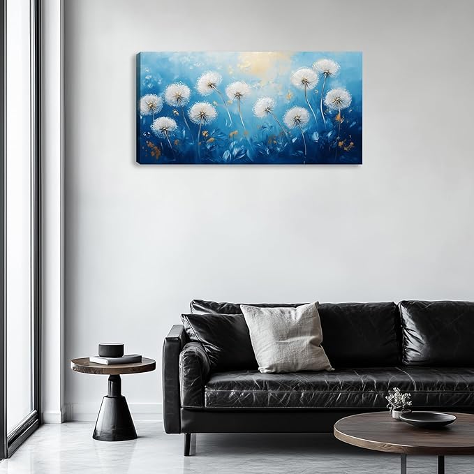Kuiluuye Large Dandelion Wall Art Flower Painting Wall Decor Canvas Print Blue White Flora Picture for Living Room Home Bedroom Decoration Framed Poster Artwork 48L x 24W
