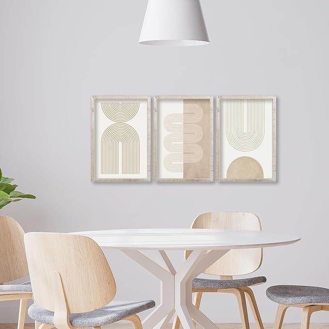 Wall Art Set of 3 Geometric Beige Spiral Wave 16"x11" Wooden Framed Mid Century Organic Abstract Neutral Sign Prints Nordic Boho Office Living Room Master Bedroom Wall Hang Decor (White)