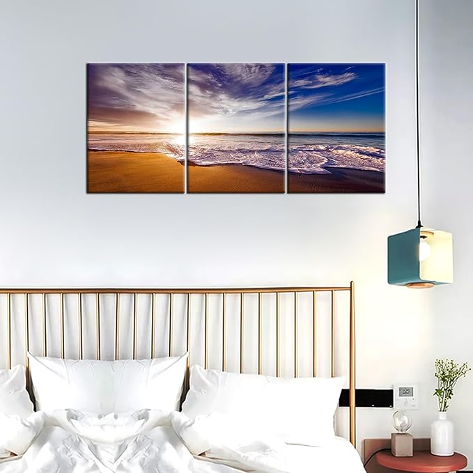 Nature Landscape Canvas Wall Art Beach Gold Sunset HD Picture Print Ocean Theme 3 Pieces Posters Painting Wall Decor Artwork for Modern Home Bedroom Bathroom Kitchen Ready to Hang [36''W x 16''H]