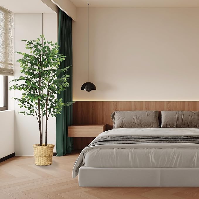 Artificial Ficus Tree 7ft(84in) Faux Floor Potted Tree for Indoor Decor Large Realistic Trees Plants with Silk Leaves and Natural Wood Trunk for Home Living Room,Office Foyer Decor.