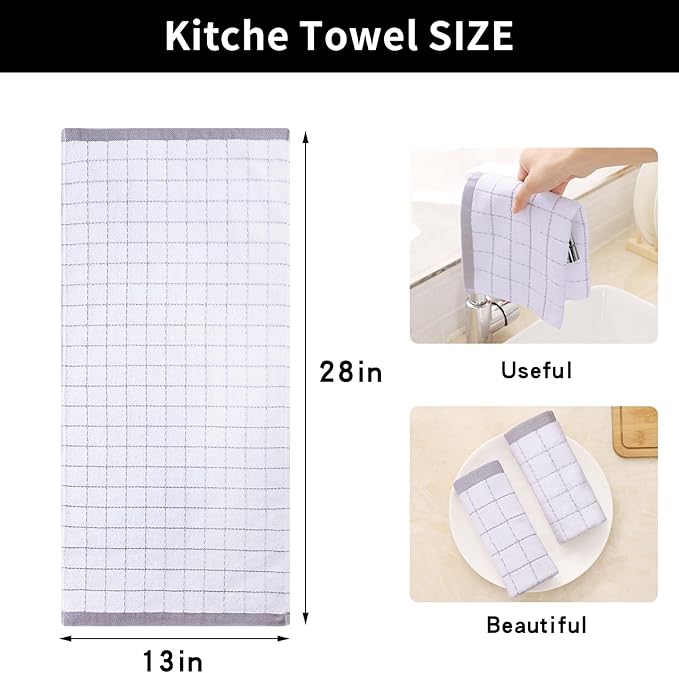 Homaxy 100% Cotton Terry Kitchen Towels(White, 13 x 28 inches), Checkered Designed, Soft and Super Absorbent Dish Towels, 12 Pack
