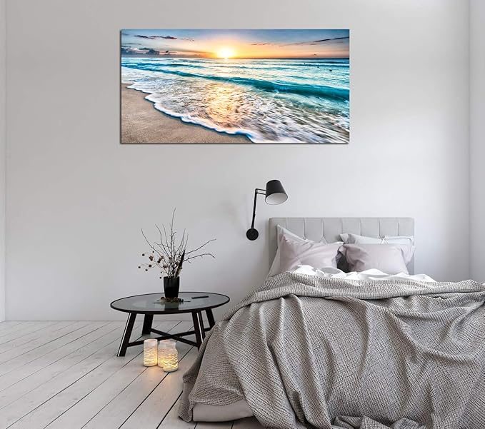 Baisuart S02262 Canvas Prints Wall Art Beach Sunset Ocean Waves Nature Pictures Stretched Canvas Wooden Framed for living Room Bedroom and Office