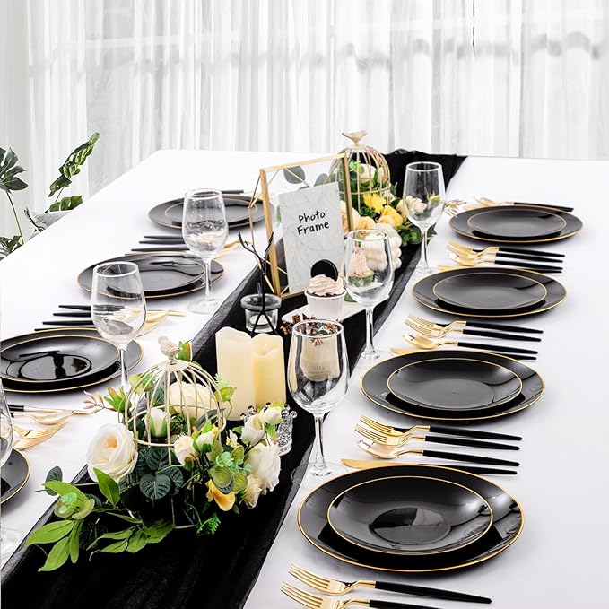 Nervure 100 Pieces Black Plastic Plates - 7.5inch Black Dessert Plates - Disposable Gold Plastic Plate - Disposable Plate Ideal for Wedding & Party & Halloween