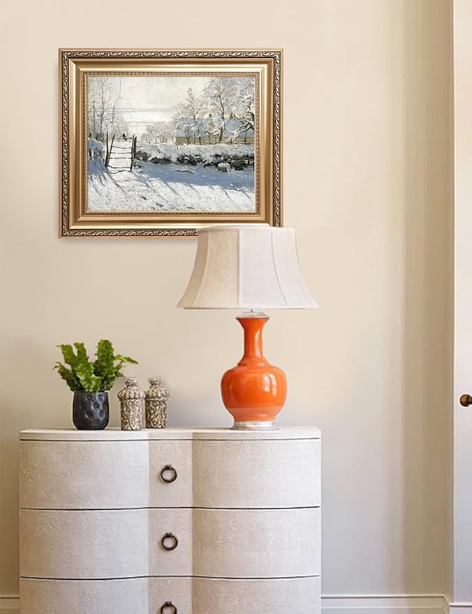 DECORARTS - The Magpie by Claude Monet. Classic Art Reproduction, Giclee Print on Canvas. Ready to Hang Framed Wall Art for Wall Decor. Total Size w/Frame: 26x22