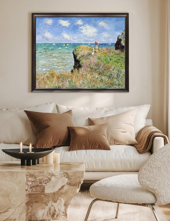 DECORARTS - Claude Monet The Cliff Walk at Pourville, Large Framed Wall Art, Canvas Size 35x28, Outer Dimensions Larger With Customizable Solid Wood Frames, Giclee Canvas Print, Made in USA