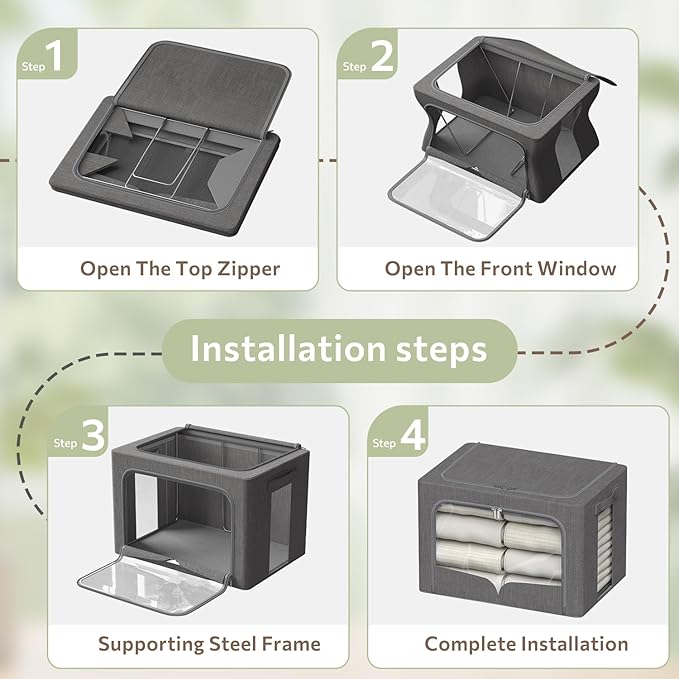 3 Pack Clothes Storage Bins Foldable Metal Frame Storage Box Stackable Linen Fabric Organizer Set with Carrying Handles and Clear Window (Dark Gray, 15.7x11.8x7.8inch(22L))