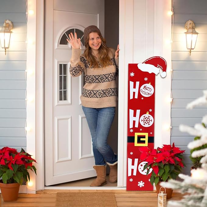 HOMCDALY Wooden Santa Welcome Sign for Front Porch and Door, Outdoor Christmas Porch Decor and Farmhouse Decorations (47in)