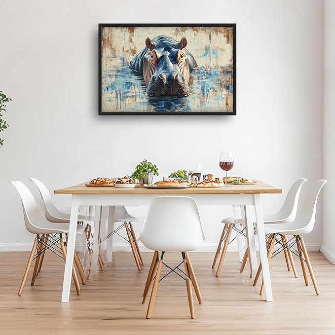 Extra Large Framed Abstract Hippo Wall Art,Oversized African Hippopotamus Wild Animal Wall Decor,Vintage Pictures for Living Room,Canvas Print Painting Modern Artwork Bedroom Office Bathroom 36L x24W
