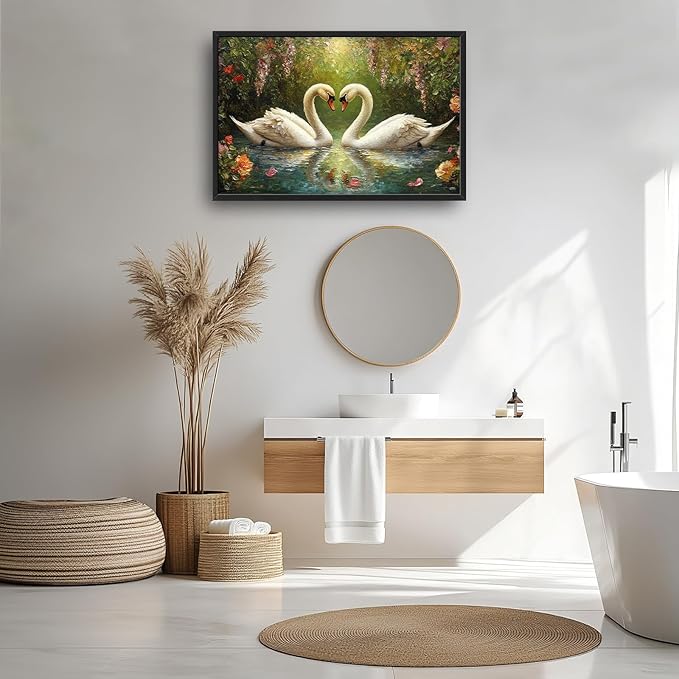 Swans Framed Wall Art for Living Room, Large Lake Loving Swans Canvas Wall Decor, Country Animal Pictures Painting, Natural Landscape Modern Artwork for Bathroom Bedroom 36L'' × 24W''