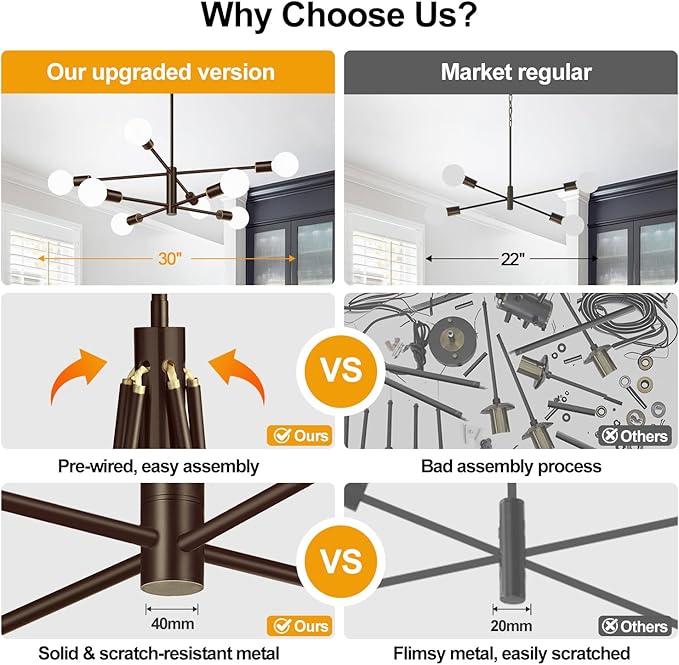 30" Modern Chandelier Ceiling Light Fixture, 8-Light Sputnik Chandeliers Brown and Gold Mid Century Chandelier Over Table, Height Adjustable Chandeliers for Dining Room Kitchen (Bulbs Not Included)