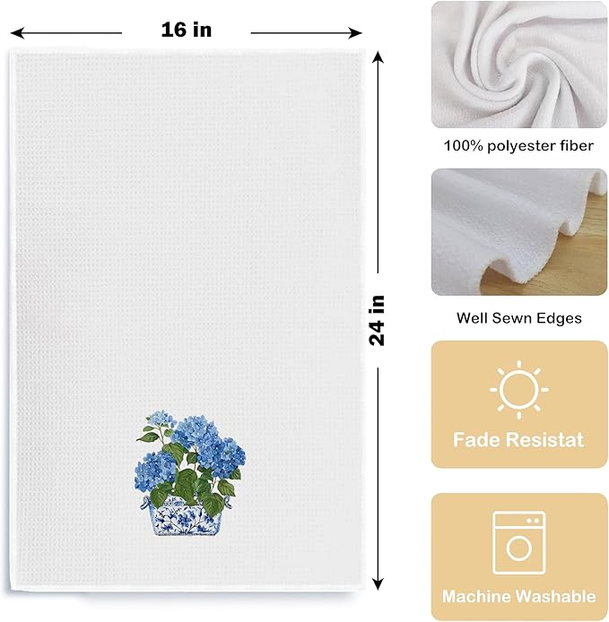 Chinoiserie Kitchen Towels 16x24 Inches - Blue and White Hydrangea Floral Dish Towels, Decorative Hand Towels for Bathroom and Kitchen