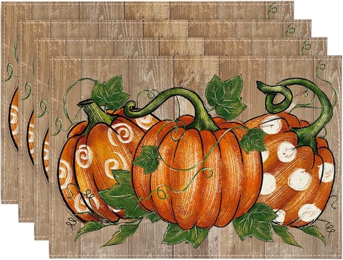 Artoid Mode Polka Dot Pumpkins Vine Thanksgiving Placemats Set of 4, 12x18 Inch Seasonal Fall Table Mats for Party Kitchen Dining Decoration