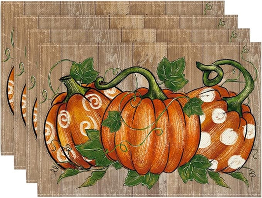 Artoid Mode Polka Dot Pumpkins Vine Thanksgiving Placemats Set of 4, 12x18 Inch Seasonal Fall Table Mats for Party Kitchen Dining Decoration