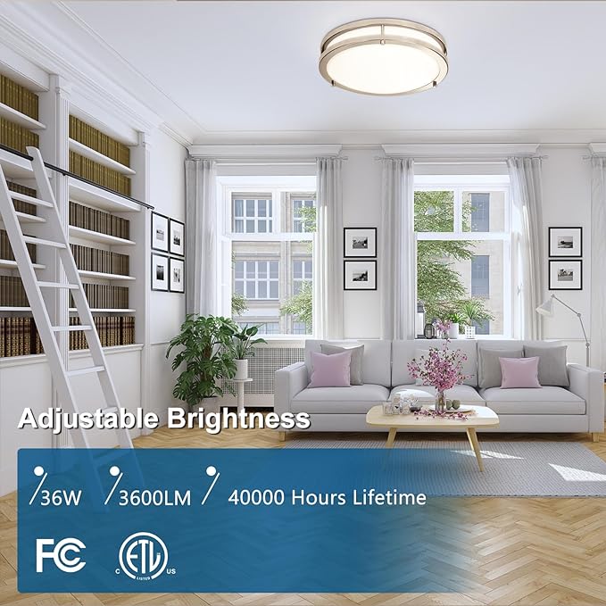 OOWOLF 2-Pack 36W 13inch LED Flush Mount Ceiling Light Fixture Dimmable Brushed Nickel, Easy to Install LED Ceiling Lamp Fixture Without Flicker, Super Bright 3600LM 5000K Daylight White