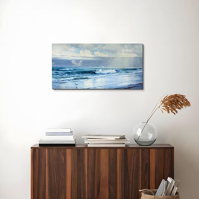 crmotu Beach Large Wall Art, Coastal Landscape Vintage Decor Painting, Sun and Ocean Waves Canvas Art Prints, Blue Aesthetic Wall Pictures for Living Room Bedroom bathroom, Office Decor 20"X40"