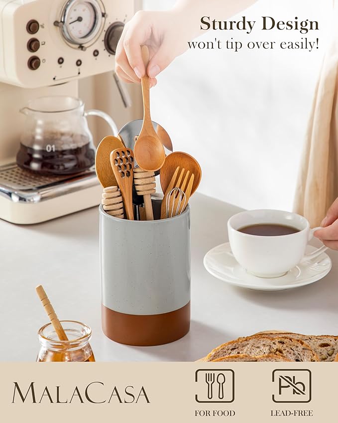 MALACASA Utensil Holder, 5.5" Ceramic Kitchen Utensil Holder for Countertop, Cooking Utensil Crock for Kitchen Counter, Farmhouse Utensil Organizer for Spatula & Spoon, Khaki Gray, Series TARA