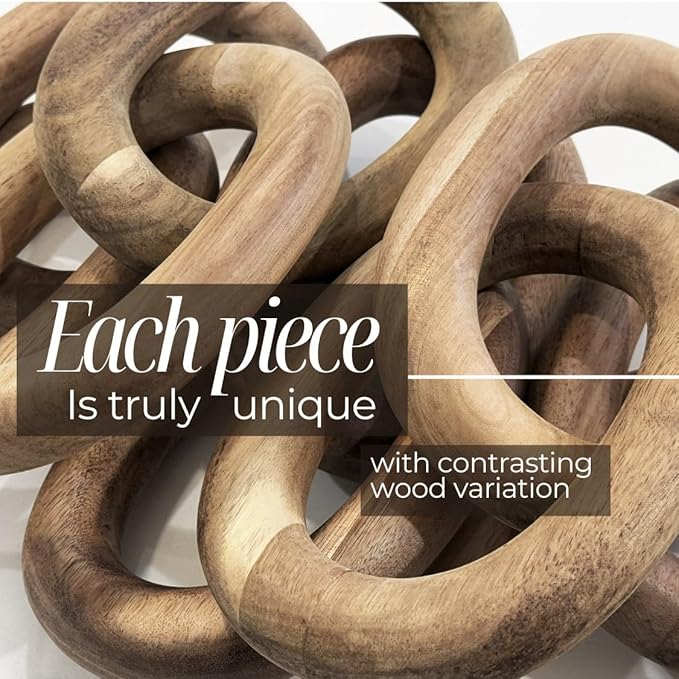 Wood Chain Link Decor – 13” Wooden Decorative Object for Coffee Table Decor and Neutral Decor for Home – Modern Knot Accent for Shelf Styling, Books, or Housewarming Gifts