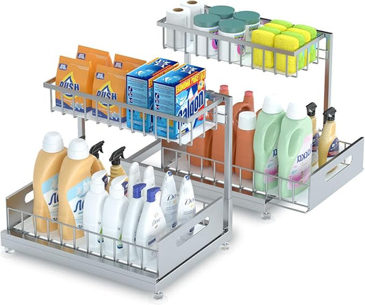 2 Pack Under Sink Organizer Storage 2-Tier Premium Metal Pull-Out Racks, Height Adjustable, Easy Installation | Kitchen & Bathroom Organizers