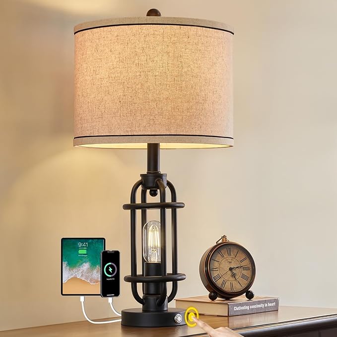 23.75'' Industrial Black Metal Table Lamps Living Room Lamp for Nightstand Bedroom lamp Single Bedside End Side Table Lamps Home Decor Touch Lamp Modern Lamps with USB Ports, Bulbs Included