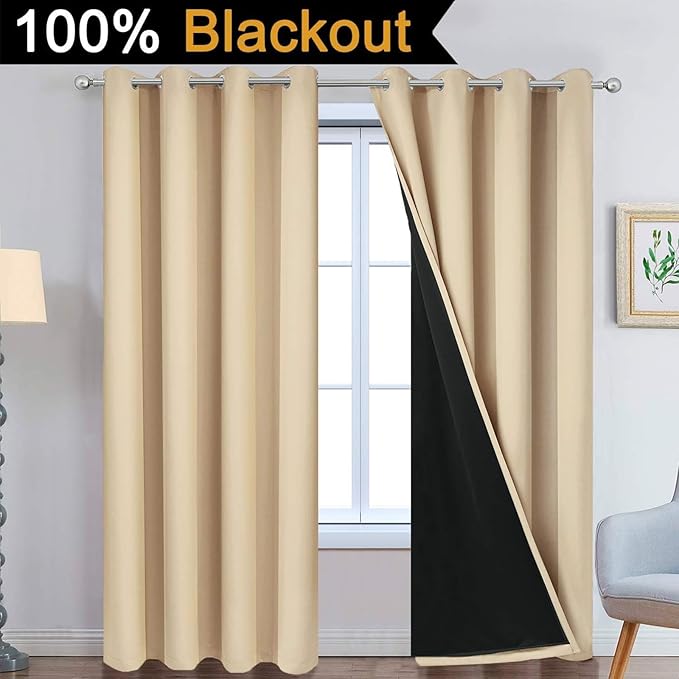 Yakamok Beige 100% Blackout Curtains, Thermal Insulated Total Blackout Drapes for Bedroom, Heat Blocking Window Curtains for Living Room(52Wx90L, 2 Panels)