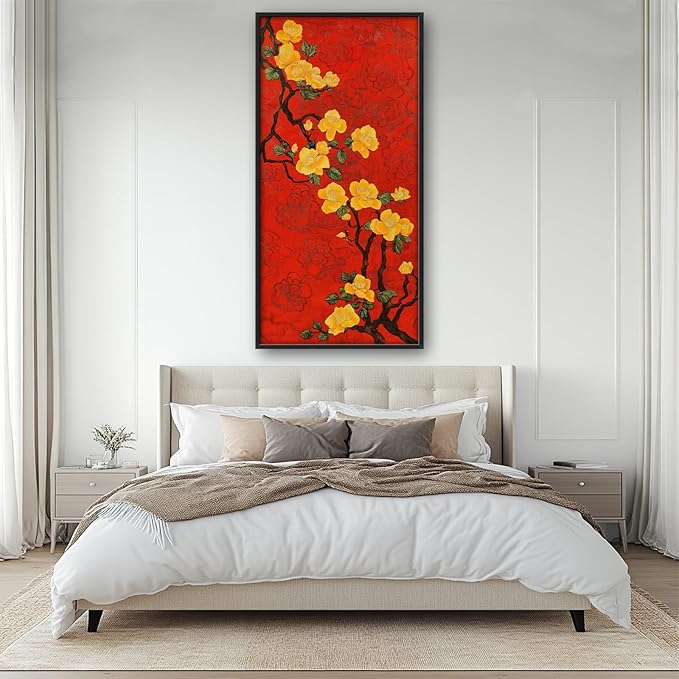 Lovira Yellow Plum Bossom Large Wall Art Traditional Asian Floral Red Canvas Wall Decor Pictures Prints Painting Framed Home Vertical Artwork for Living Room Bedroom Bathroom Kitchen 30"x60"