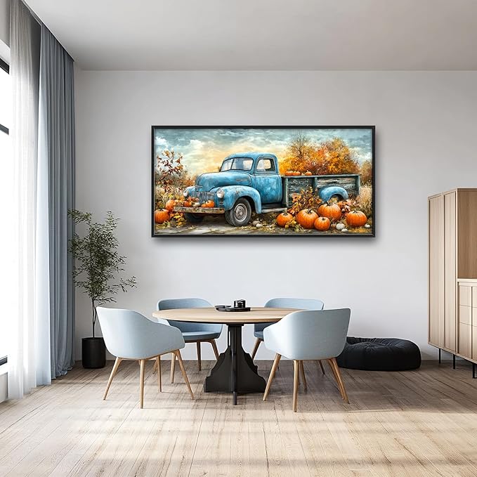 Olivine Fall Large Wall Art, Pumpkin Pictures Wall Decor, Truck Painting, Country Autumn Canvas Prints, Framed Artwork for Dining Room Living Room Bedroom Bathroom Office Home Decor 60"x30"