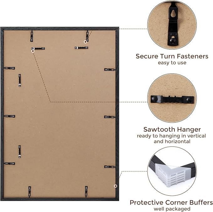 16x24 Wood Picture Frame, Real Oak Wood 16 x24 Frame for Wall, 16x24 Inch Poster Frame, 16x24 Picture Frame Matted to 12x18, 16 by 24 Wooden Frame, Black Color, 1 Pack