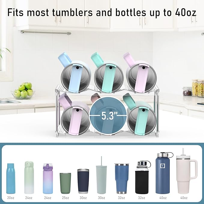 Water Bottle Organizer Stanley Cup Holder, 2-Tier Tumbler Storage, Stackable Water Bottle Holder for Kitchen Cabinet Pantry, Large Compartment fits 40 oz Tumblers, Stanley Accessories